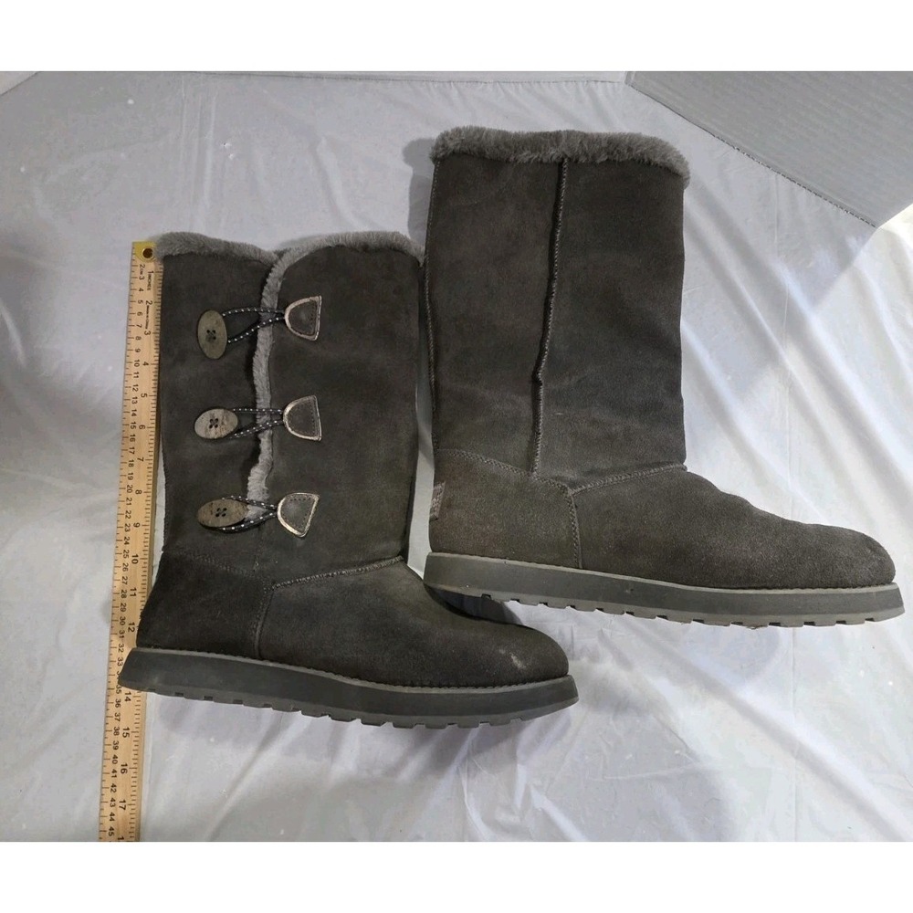 Skechers Womans Suede Boots Fleece Lined Pull On Flat Mid Calf Boot Grey Size 10 - Picture 2 of 11